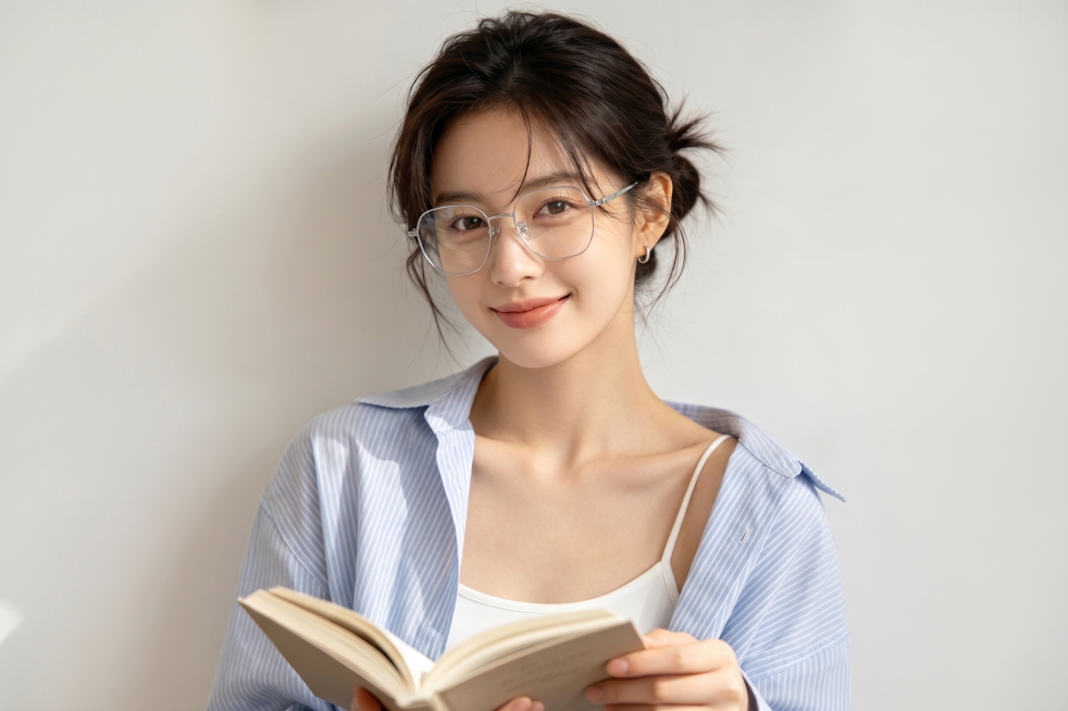将第二张图片中的银色细框多边形眼镜自然地戴到第一张图片女生的脸上，保持女生原本的发型、妆容、蓝条纹衬衫、内搭白吊带、手持书本和整体光影风格不变，眼镜佩戴位置自然真实，融合自然不违和预览效果