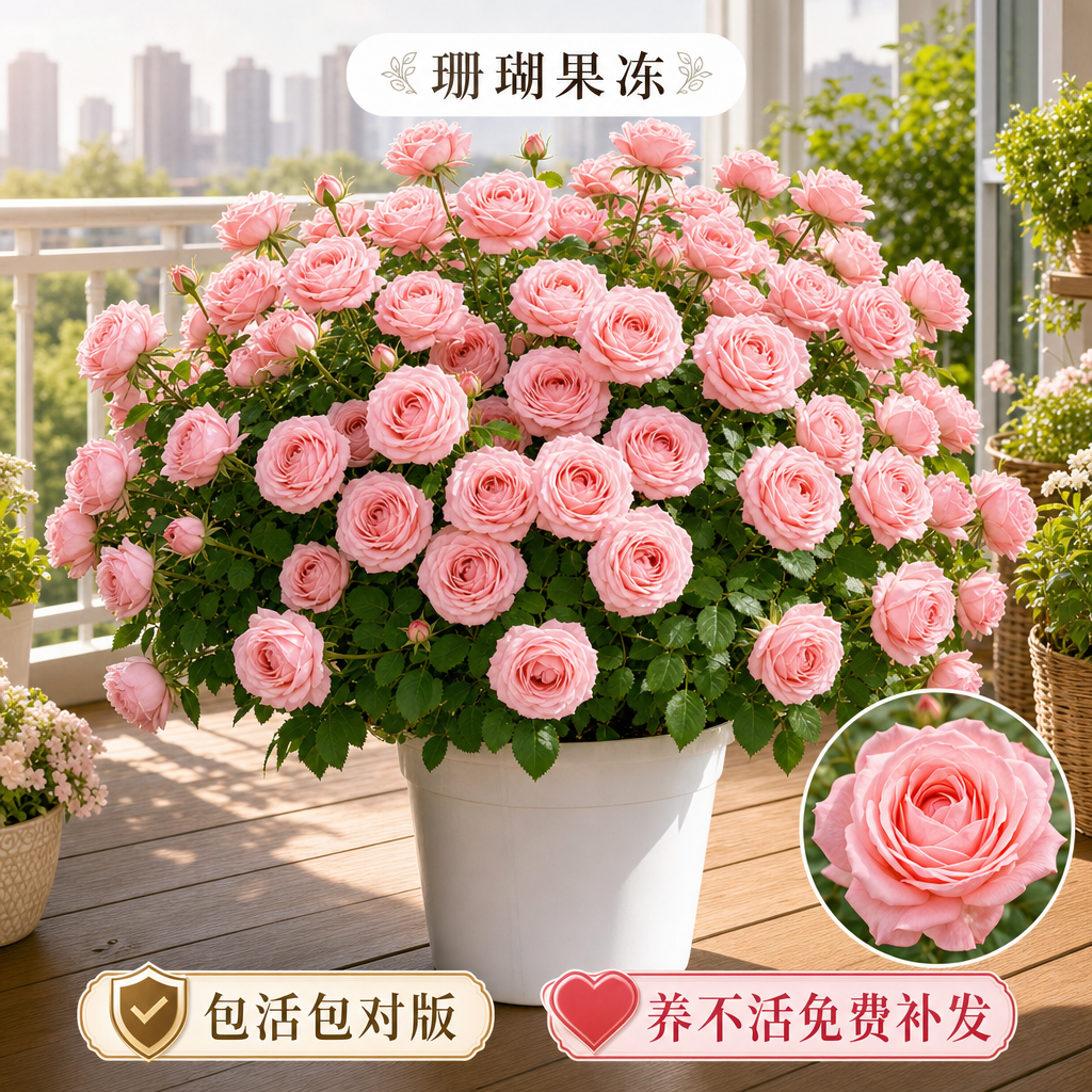 淘宝SKU商品图，珊瑚果冻珊瑚粉色玫瑰盆栽，杯状玫瑰花型，温柔… - 图片创意预览