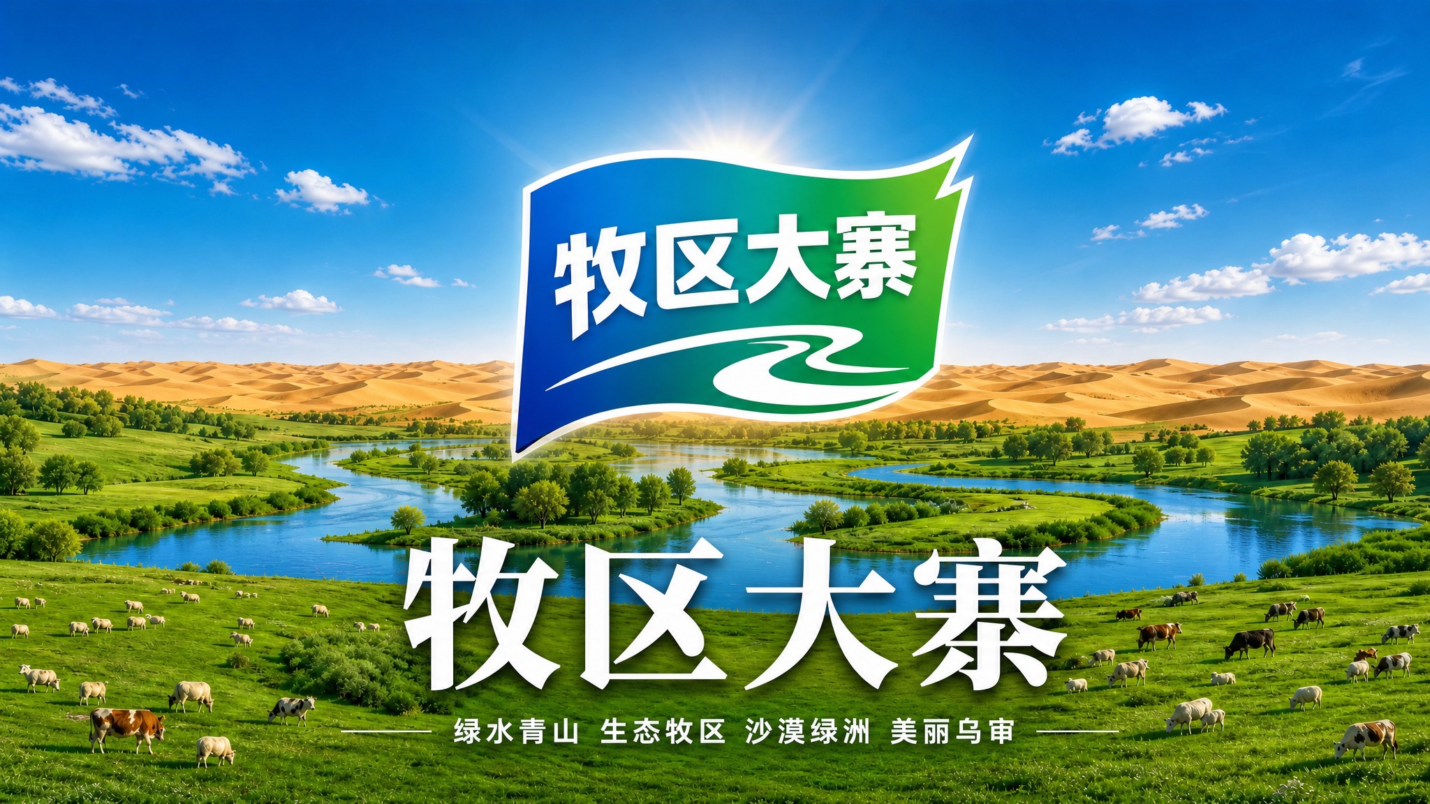 参考图整体构图和场景不变：沙漠绿洲生态风光，绿色草原、河流、树… - 图片创意预览