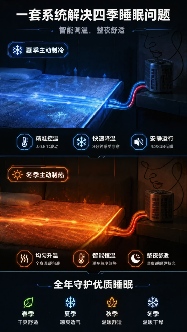 在原有图片基础上，保持夏季和冬季的产品主体、色调、光效和排版不变，在夏季部分底部添加三个功能卖点图标和文字：精准控温±0.5℃波动、快速降温3分钟感受凉意、安静运行≤28dB低噪；在冬季部分底部添加三预览效果
