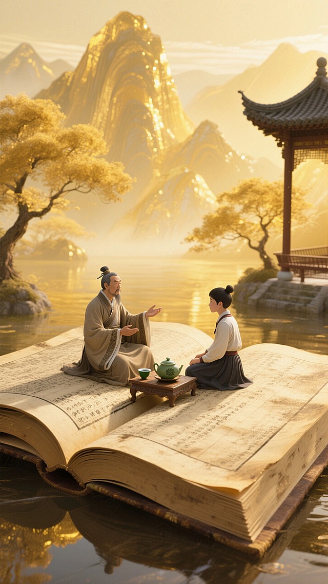 巨大翻开的古籍，古代师徒对坐在书页上（师父讲学、弟子聆听，搭配茶具），背景呈现金色半透明的山脉、发光树影、中式亭子，整体金黄色调，明亮、祥和宁静氛围。