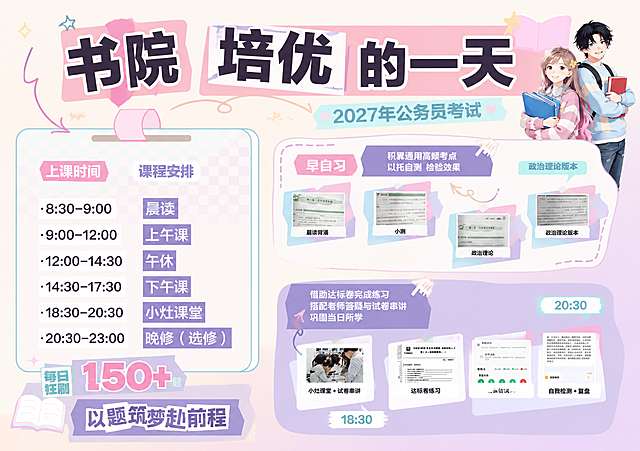 小红书笔记图文封面，配图大字，马卡龙色系ins清新风，版式精美，小红书笔记封面质感，适合信息流点击。版式骨架、分区比例、信息结构与参考图保持一致（相似度约70%），整体配色替换为马卡龙色系：主色为马卡龙粉、马卡龙蓝、马卡龙紫、奶油白、薄荷绿，低饱和柔和甜美，去掉原图的橙黄高饱和色调。主标题必须完整呈现且为画面视觉中心，逐字锁定：「书院培优的一天」。副标题：「2027年公务员考试」。装饰短句/角标：「每日狂刷150+题」「以题筑梦赴前程」。背景：马卡龙奶油黄到浅粉的柔和渐变底色，左上浅奶油黄，右下浅粉紫，整体干净通透。标题排版：扁平粗黑体，主标题字色为深棕或深紫，加马卡龙粉色色块底框增强对比，清晰可读；副标题用马卡龙蓝或薄荷绿小字，层级分明。配图：用户【图1】作为版式与内容参考，保留左侧上课时间表、右侧早自习与晚间学习两大模块的分区结构，保留课程安排文字信息、小图占位、箭头、对话框、便签等装饰类型，但全部配色替换为马卡龙色系：橙色块换为马卡龙粉/紫/蓝，黄色块换为奶油白/薄荷绿，黑色块换为深紫或深棕柔色。装饰：emoji贴纸1~2个（书本或星星），置于标题行尾或画面角落，不与主标题逐字混排；另加手绘弯曲箭头、波浪线框、便签胶带等马卡龙色装饰，位置克制不抢主标题。整体氛围：清新甜美、治愈学习感、适合小红书备考分享。画质：高清细腻，信息层级清晰，主标题与背景强对比，文字完整处于安全区内不可裁切，四周留安全边距。图生图：严格使用用户上传图片【图1】作为版式与内容结构参考，保留图文分区与信息排布，仅整体重绘为马卡龙色系ins清新风格。