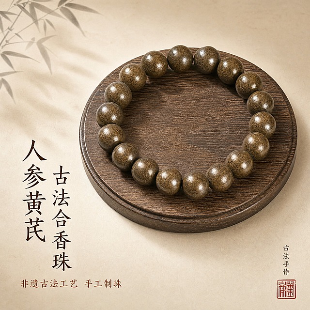 [主图-1] 人参黄芪古法合香珠手串首图，突出非遗古法工艺与温润质感，营造古典雅致的东方美学氛围。
[统一基调] 整体风格为新中式古典简约，柔和雅致有质感；背景主色为米白渐变浅驼色，辅以淡赭石色点缀；标题字色为深棕褐色，辅助字色为赭石色；字体为书法感宋体/瘦金体风格，字号层级分明；画面元素极简，留白充足，体现非遗手作的沉静气质。
[画面] 合香珠手串完整居中展示，主体占比约65%，正俯视略带45度微斜角度。手串放置在深棕色老榆木圆形底座上，底座边缘有细腻木纹。背景为米白色宣纸质感渐变，左上角有淡淡的水墨竹叶投影，右下角有一枚朱砂红色的篆刻印章（印文模糊处理，仅作装饰）。手串珠子保持原图的深棕褐色磨砂质感，圆珠大小均匀，排列成完整圆形。整体构图对称均衡，留白充足，体现古法合香的非遗文化底蕴。
[光影质感] 柔和的侧上方自然光，光线均匀漫射，在珠子表面形成温润的高光过渡，色泽从深棕到浅褐自然渐变，没有生硬的明暗对比。珠子底部有柔和的接触阴影，与木质底座自然融合。整体质感温润如玉，哑光中带细微光泽，体现手工合香珠的质朴高级感。
[配色] 主色调：米白、浅驼、深棕褐；点缀色：朱砂红、墨黑；整体色调温暖柔和，古典雅致，色泽过渡自然流畅。
[文字版式] 画面左下角竖排主标题「人参黄芪 古法合香珠」，书法宋体，深棕褐色，字号较大；下方横排小字「非遗古法工艺 手工制珠」，赭石色，字号为主标题的40%。文字不遮挡手串主体，放在左侧留白区域。右下角印章上方可有极小的「古法手作」四字装饰。
[输出要求] 1:1正方形，2K高清分辨率，产品清晰锐利，文字清晰可读，整体氛围柔和有质感。禁止：变形、错字、模糊、杂乱背景、水印、平台Logo、塑料感高光、廉价感、现代元素乱入。