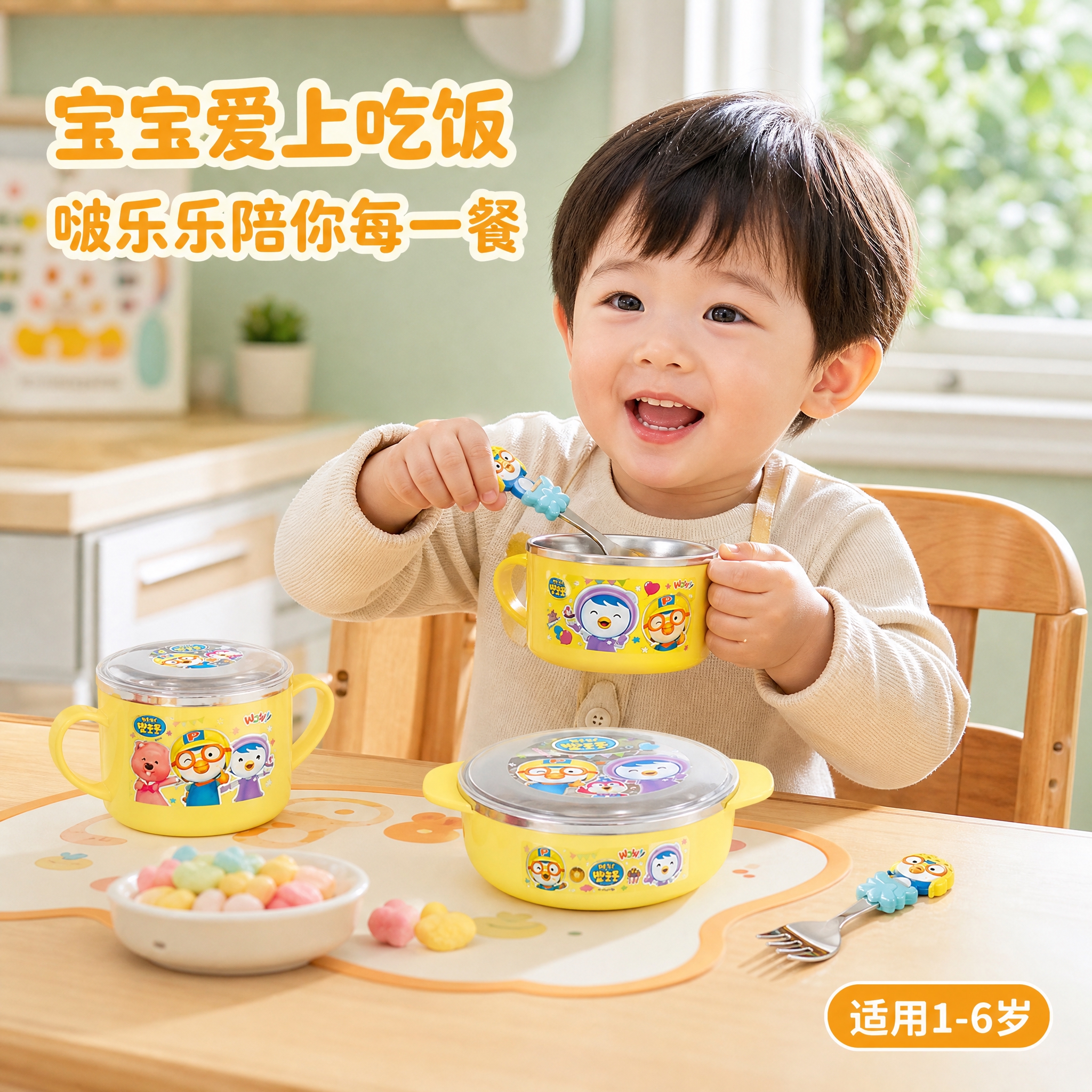 [主图-4] 真实使用场景图，展示宝宝在儿童餐椅上用啵乐乐餐具… - 图片创意预览