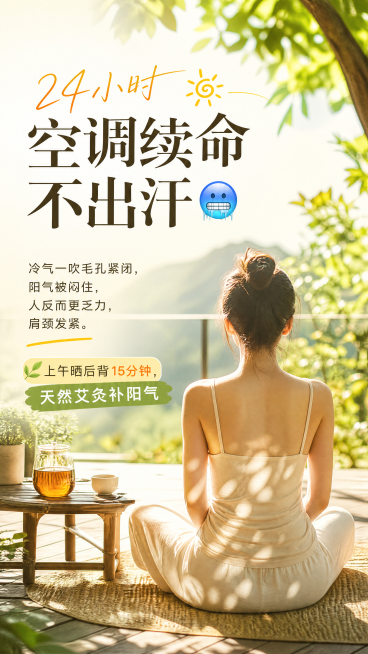 小红书图文配图，主题2️⃣ 24小时空调续命不出汗🥶，文字"冷气一吹毛孔紧闭，阳气被闷住，人反而更乏力，肩颈发紧。上午晒后背15分钟，天然艾灸补阳气"，配图是户外晒背场景，温暖夏日风格，竖版排版清晰预览效果