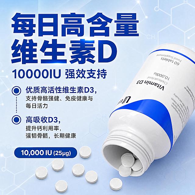 图生图，将此图放大为高清大图，保持所有中文文字、构图、配色、产品外观完全不变。画面内容：倾斜倒出的维生素D3白色药瓶和散落药片，左侧深蓝色大字标题两行"每日高含量 维生素D"，副标题"10000IU 强效支持"，两个圆点引导的卖点文字，底部深蓝色胶囊按钮"10,000 IU (25μg)"。背景为浅蓝色渐变+六边形分子结构。要求超高清，文字锐利清晰，药片细节丰富，商业摄影级质感。