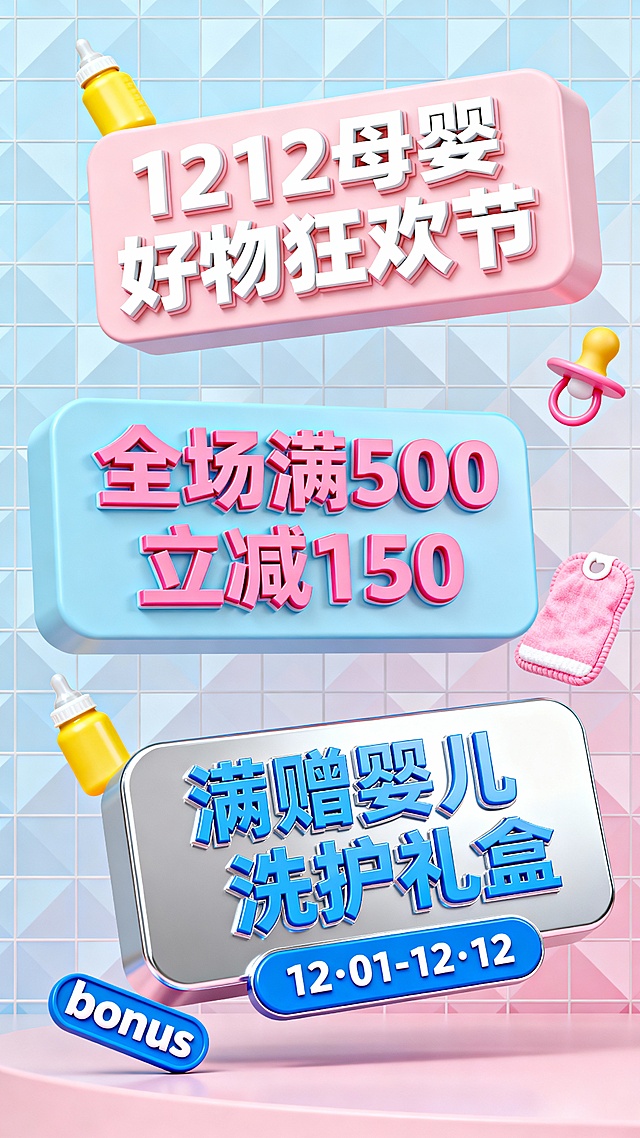 软3D风搭配重拟物元素，粉色系为主调，营造甜美可爱氛围，金属质感按钮强化促销感，母婴主题图标点缀，突出1212节日信息。