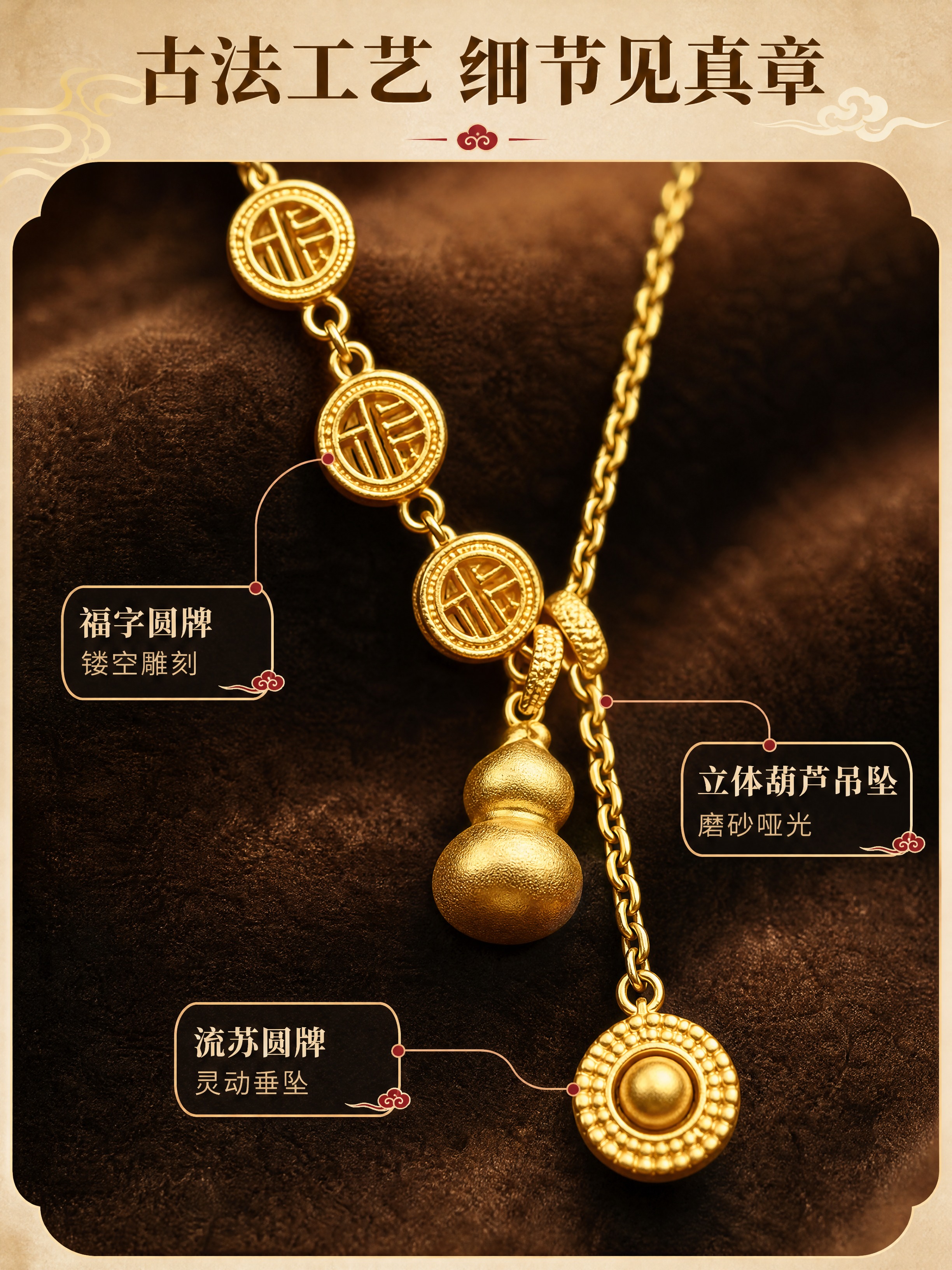 [商品] 使用【图1】金色款项链手持特写图；保留三颗福字圆牌、… - 图片创意预览