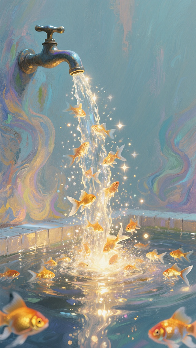 达利抽象画风，一个水池里的水龙头，水龙头中涌出成千上万只发光的金鱼，形成一道金鱼瀑布。魔法现实主义，奇幻风，体积光，高对比度，锐利对焦，纯色背景