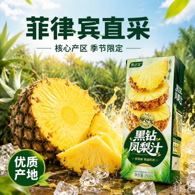 [主图-2] 产地溯源核心亮点展示。
[氛围风格] 自然产地氛围，清新真实可信。
[画质] 商业摄影质感，自然光线通透，产品清晰真实。
[元素] 黑钻凤梨汁包装盒放在画面右下，左侧搭配大块新鲜切开的菲预览效果