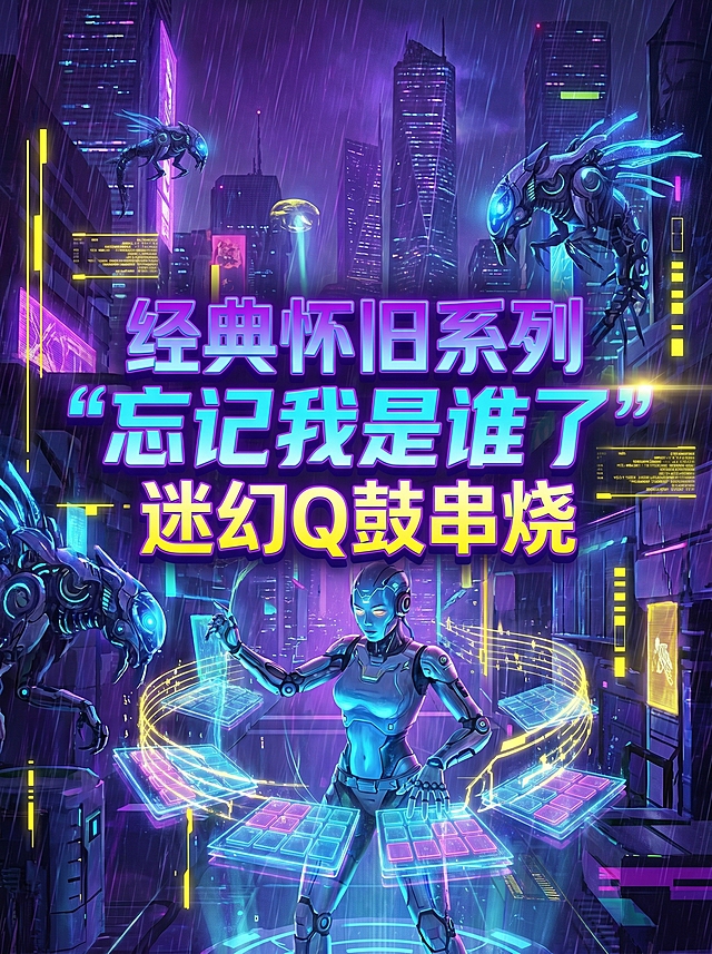 3:4比例音乐专辑封面，标题文字为"经典怀旧系列'忘记我是谁了'迷幻Q鼓串烧"，放置在封面中，赛博朋克风格，紫蓝色霓虹赛博城市背景，融入机械科幻元素，包含阿凡达风格元素，背景搭配柠檬黄色彩，整体呈现深夜迷幻电音氛围