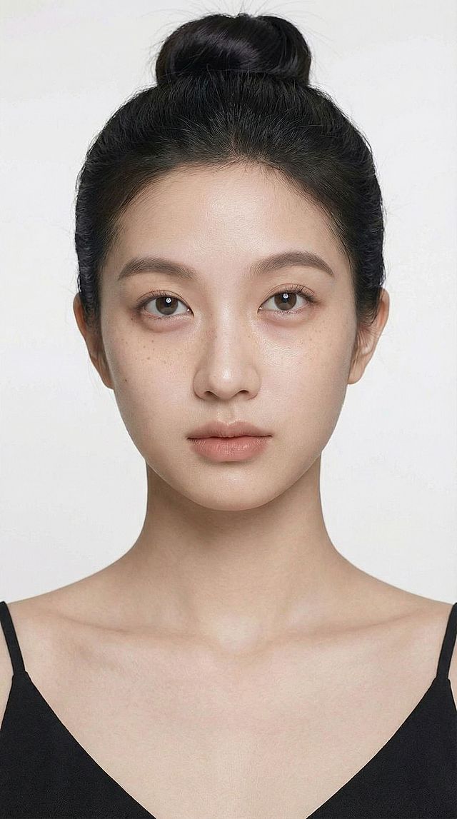 模特扎起头发，丸子头，皮肤白皙，有浅浅的黑眼圈，眼袋，浅浅的雀斑。