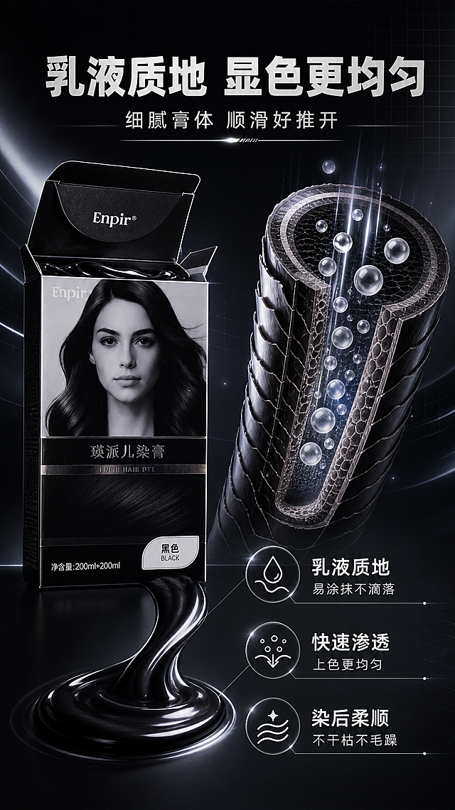 [商品] 使用【图1】瑛派儿染膏黑色款包装盒正面，保留包装盒结构、黑色主色调、银色装饰条、品牌Logo、产品名称文字，不改变包装内容。
[画面] 质地与科技机理页，目标是展示乳液质地与上色科技。左侧为产品包装盒开盖（示意打开状态，旁边挤出黑色乳液质地特写，乳液丝滑流淌，带有光泽感强，占画面约40%。右侧为发丝横截面3D机理示意，展示染护因子渗透发丝内部的科技示意图，分子颗粒进入毛鳞片结构可视化。背景深灰黑渐变，带科技网格与光带。
[视觉] 套系策略：风格=高端科技感商业美妆摄影+科技光影；标题字=现代无衬线粗黑体，字重厚重；正文字=简洁无衬线中黑体；主色=深空黑+炭灰；背景延展=基于黑色做深浅渐变、哑光到亮面过渡、科技光带与发丝光泽质感；强调色=银灰色冷光，仅用于小面积图标、引线、光效高光；标题色=亮银白；正文色=浅银灰；组件=细银边信息卡、细线引线、科技感分割线；光影=侧前方冷调柔光+轮廓光。
[文字] 顶部主标题“乳液质地 显色更均匀”，副标题“细腻膏体 顺滑好推开”。右侧机理旁配3个卖点：“乳液质地 易涂抹不滴落”“快速渗透 上色更均匀”“染后柔顺 不干枯不毛躁”。文字横向排版。
[规格] 淘宝/天猫详情页单屏，比例9:16，分辨率2K，负向提示：避免变形、错字、文字过小、模糊、暖黄色调、产品文字错乱、虚假功效。