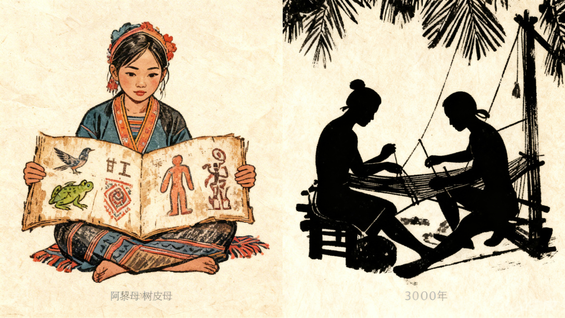 画面分左右两部分，左侧：黎族女子阿黎穿着黎族传统服饰翻开祖母的树皮图谱，图谱上有甘工鸟、蛙纹、人形纹图案；右侧：展示3000年前黎族先民纺棉、织布的剪影，整体为手绘风格预览效果