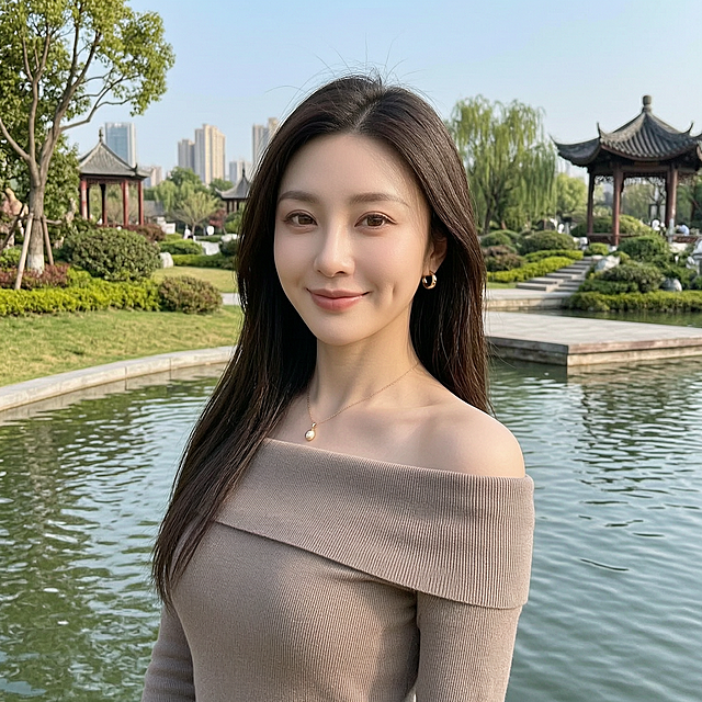 将背景替换为高级感城市公园湖畔场景，保留人物主体和服装，自然光线，高清质感，人像摄影风格