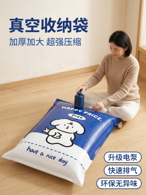 [主图 1] 真空收纳袋产品展示首图
[氛围/风格] 日式简约，温馨家居，自然暖光，干净清新生活感
[画面元素] 在温馨干净的日式卧室场景中，大号真空收纳袋居中放置，保留产品原有蓝白小狗图案设计，一位预览效果