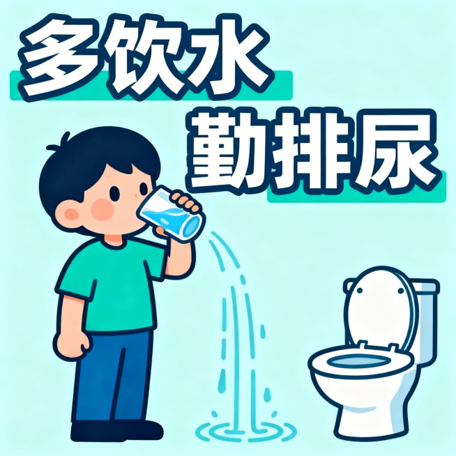 扁平化卡通风格，生动展现多喝水勤排尿的健康知识，画面干净简洁，带有醒目的文字标语“多饮水 勤排尿”，适合健康宣教使用预览效果