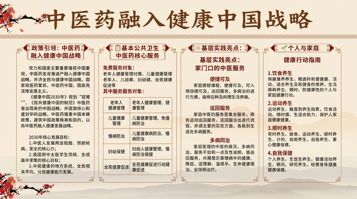 这是一张中医药融入健康中国战略的宣传栏海报，保持原图片的中式国风、传统棕色典雅风格，替换所有文字内容为用户提供的新文字：政策引领：中医药融入健康中国战略
党的十八大以来，党中央、国务院高度重视中医药发预览效果