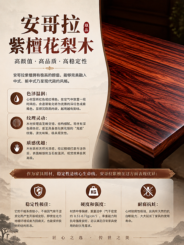 在原图基础上修改，将图片右上角的椅子图片修改为安哥拉紫檀木木材展示，保留所有原有文字内容和整体布局风格，其他部分保持不变