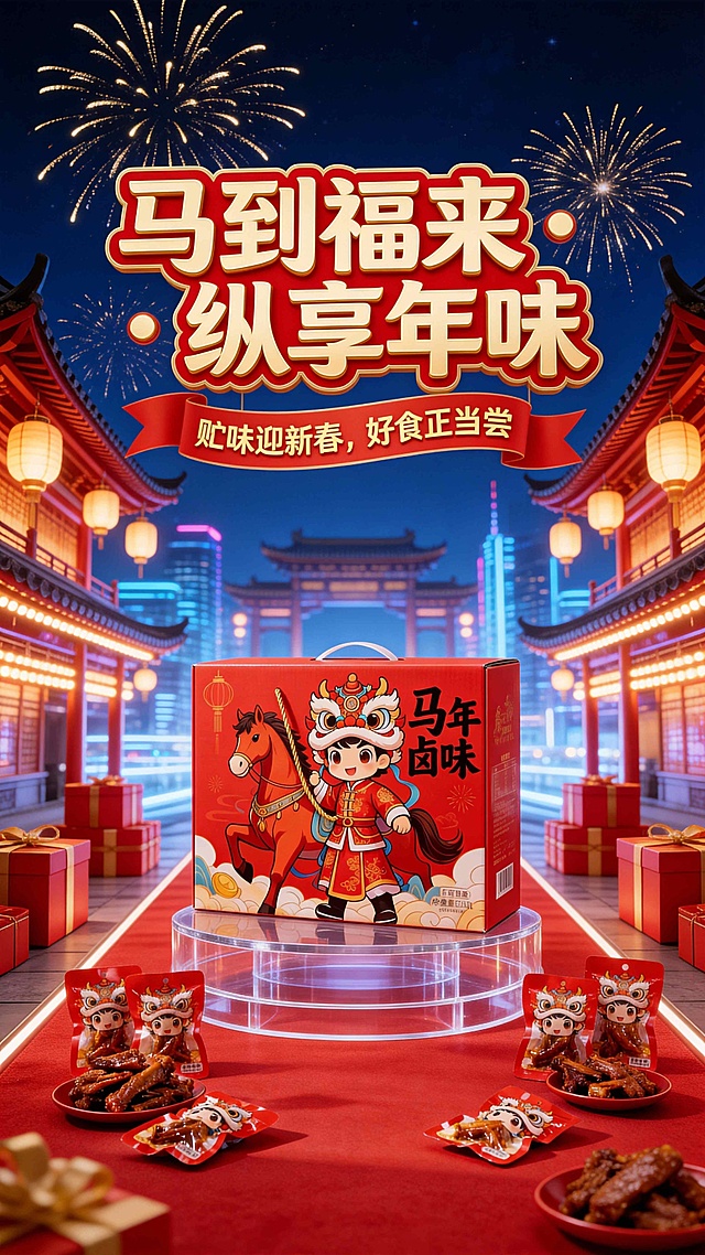 背景以赛博国风夜街为基底，深邃靛蓝夜空里炸开鎏金烟花，两侧是飞檐翘角的朱红仿古建筑，暖光灯笼高挂廊檐，红地毯从画面深处延伸至眼前，两侧堆叠着红色礼物盒，远处牌楼与未来感城市轮廓交融，背景半虚化处理，在建筑上加灯带形成万家灯火光污染的那种赛博感，主体商品置于画面正中央，约占画面60%，搭配透明赛博展示台提升质感，周围错落摆放多款 sku，主标题大字体 + 红底金边【马到福来・纵享年味】占据海报最上方，字体饱满有力，副标题（主标题下方）：红缎带造型 + 金色字体【贮味迎新春，好食正当尝】承接主标题