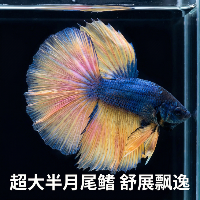 [主图 5] 侧面展示 梵高莫奈泰国半月斗鱼
[氛围/风格] 真实水族摄影，自然灵动
[画面元素] 展示斗鱼侧面游弋姿态，侧面完整体型和超大半月尾鳍形状，深色干净背景，主体完整居中，无边框。
[配色色预览效果