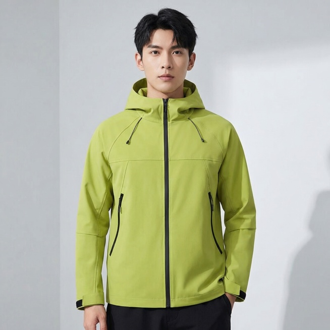 果绿色连帽夹克外套，年轻时尚潮流东亚男性模特，和前三款同款模特，拉链拉上穿着，正面半身展示到腰部，和前三款保持相同的浅灰白色摄影棚背景，保留自然墙角柔和光影层次感，穿搭和谐，保持1:1正方形构图，柔和预览效果