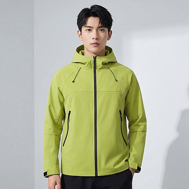 果绿色连帽夹克外套，年轻时尚潮流东亚男性模特，和前三款同款模特，拉链拉上穿着，正面半身展示到腰部，和前三款保持相同的浅灰白色摄影棚背景，保留自然墙角柔和光影层次感，穿搭和谐，保持1:1正方形构图，柔和漫射光影，淘宝电商主图，动作幅度自然偏小，突出夹克版型和面料细节，整体风格和前三款统一。