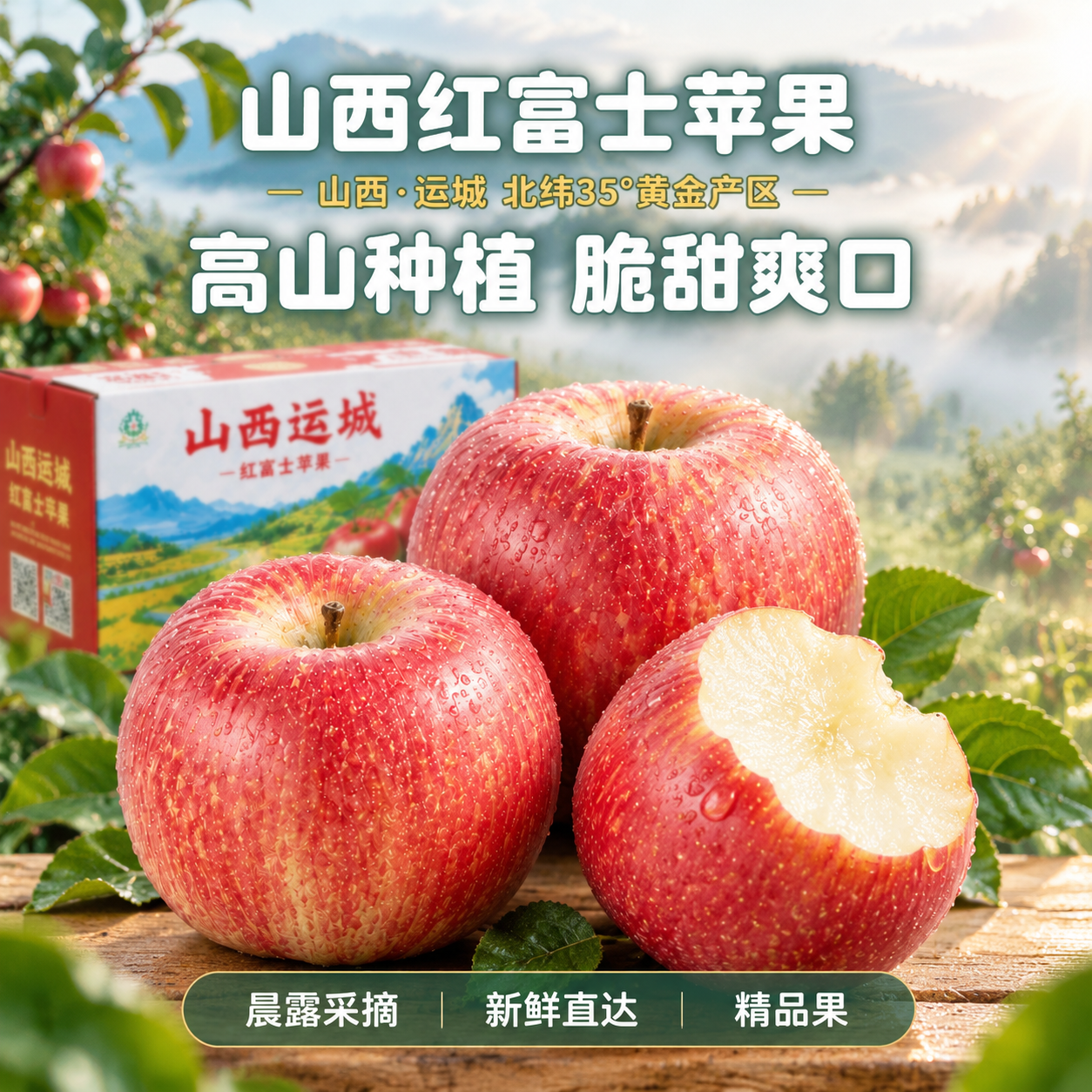 [主图-3] 晨雾果园场景，展示山西运城红富士苹果的高山种植环… - 图片创意预览