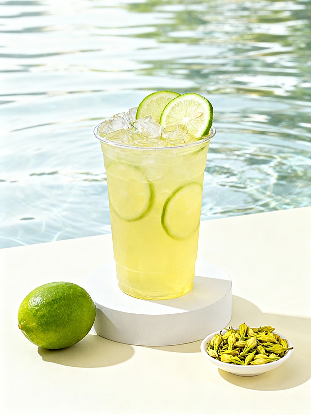 生成一个简约清新的柠檬茶展示背景，简约的场景，水波荡漾的背景空间，柠檬茶杯子款式参考图片，杯子在底座之上，搭配一个新鲜的青柠檬作为展示，一小碟茶叶配饰要配合茶底的不同的口味而变化；清新的颜色，给人一种新鲜水果的感觉，分别生成适合锡兰红茶柠檬茶，栀子绿茶柠檬茶，茉莉绿茶柠檬茶的场景图各一张。图片尺寸是3543X4724像素。