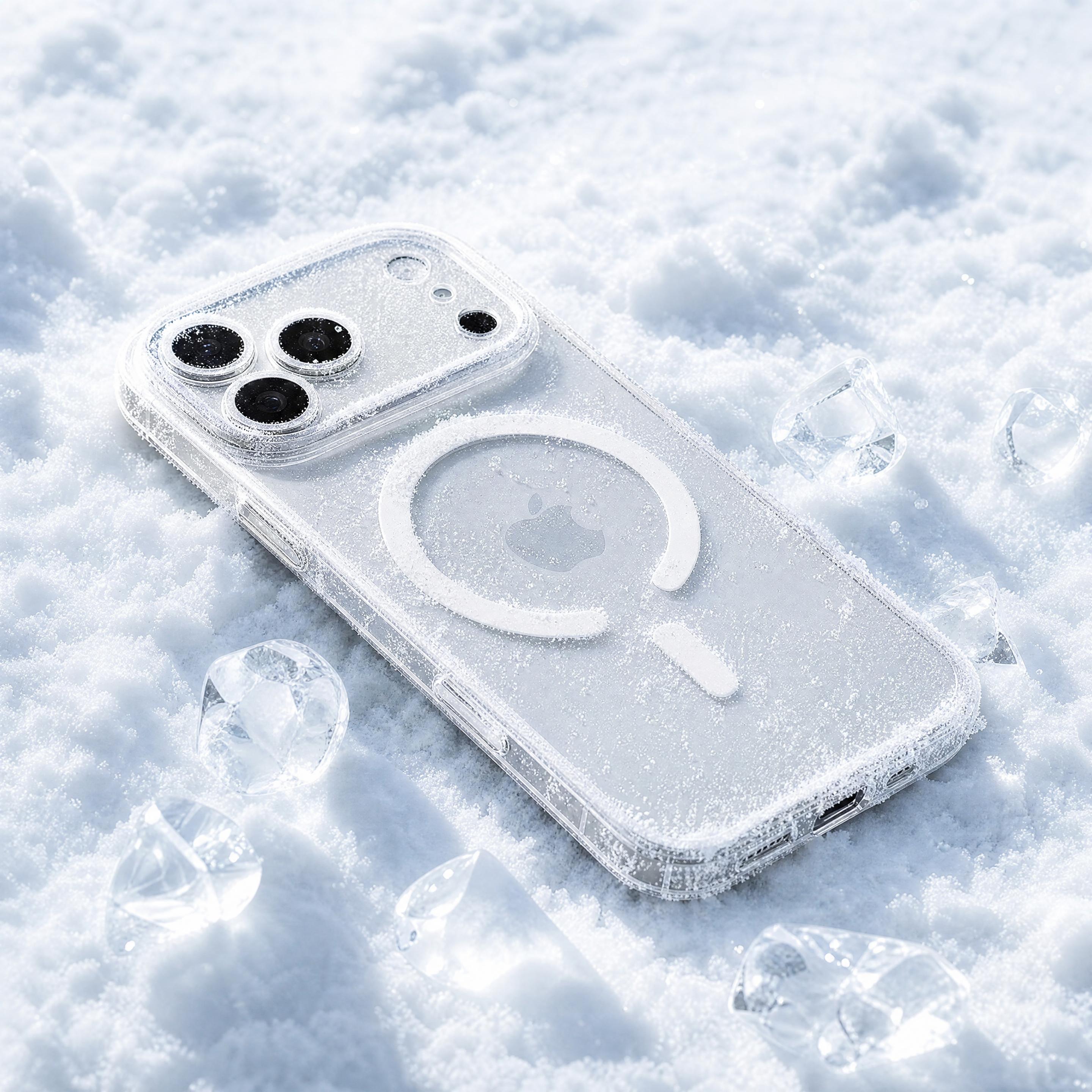 将图2的透明磁吸手机壳放置在图1的雪地场景中，去掉图1的风扇产… - 图片创意预览