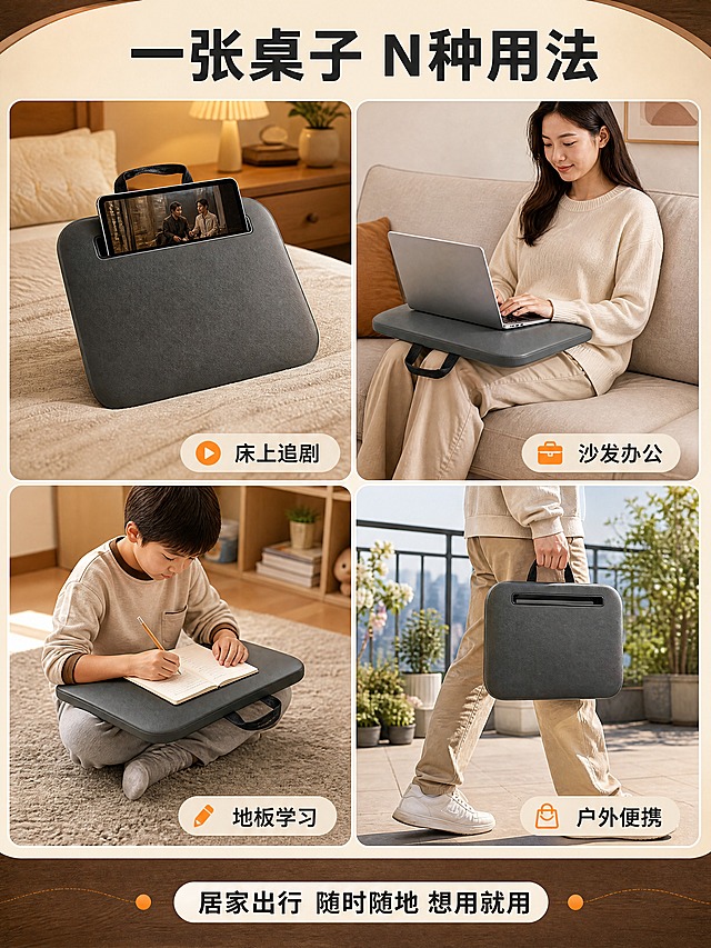 [商品] 使用【图1】深灰色磨砂面膝上桌（带黑色提手、顶部卡槽，无底部挡条）；保留产品结构、深灰色磨砂质感、提手、卡槽；商品处理：增强表面磨砂质感，保持产品真实比例。
[画面] 目标：多场景拼图页，展示产品在不同场景下的使用。构图：2×2四宫格拼图，每格一个场景，格子间有细白边分隔。左上：床上追剧——膝上桌放床上，平板卡在卡槽里；右上：沙发办公——人坐在沙发上，膝上桌放腿上用电脑；左下：地板学习——孩子坐在地毯上用膝上桌写作业；右下：户外便携——手提着膝上桌走在阳台上，展示便携性。每个场景都有产品清晰出现。
[视觉] 套系策略：风格=现代简约温馨家居商业摄影；标题字=思源黑体粗体；正文字=思源黑体常规；主色=深胡桃木棕；背景延展=基于深胡桃木棕做深浅层级、同色渐变和细腻木纹/织物质感；强调色=暖橙色，仅用于小面积图标、引线和标签；标题色=深炭灰；正文色=中暖灰；组件=圆角浅底信息卡、细线引线、胶囊标签；光影=左前侧暖柔光，柔和自然阴影。
[文字] 顶部通栏主标题「一张桌子 N种用法」；每格右下角有场景标签：「床上追剧」「沙发办公」「地板学习」「户外便携」；底部一行总结「居家出行 随时随地 想用就用」。
[规格] 图片比例3:4竖版，4K分辨率，负向提示：避免变形、错字、文字过小、冷蓝背景、产品结构改变、格子间比例失调、绝对化用语