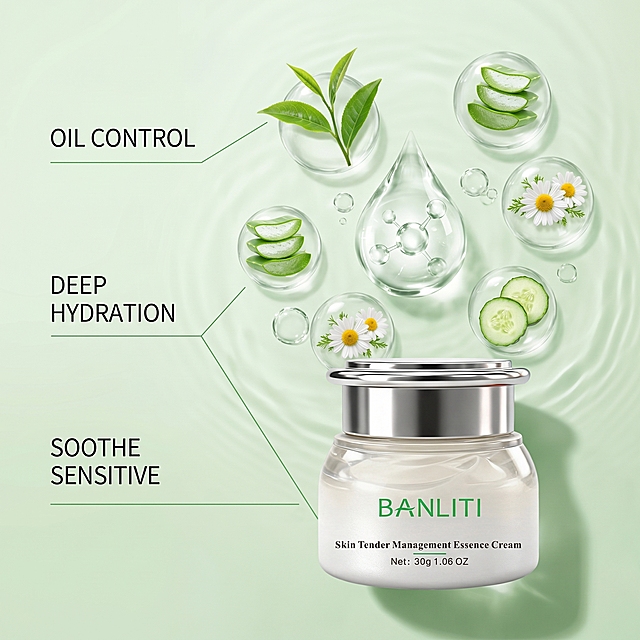 [Main Image 2] Active ingredients efficacy analysis diagram. Keep product appearance consistent with original image. Product placed at bottom center, surrounded by floating natural plant extracts and transparent 3D molecular spheres. Three function points arranged on the left, connected by thin lines to corresponding elements. All text in English, simple layout, clear hierarchy. Core efficacy: Oil Control, Deep Hydration, Soothe Sensitive. Theme color: fresh natural green, matched with transparent water drop elements, light natural light, clean and high-end. 1:1 square, commercial photography texture, super high-definition, text clearly legible. Negative prompt: deformation, watermark, text confusion, cluttered background, Chinese characters