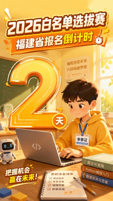 卡通风格海报，场景：小学生佩戴参赛证进行最后的编程准备，阳光照进教室，主标题第一行文字"2026白名单选拔赛"，第二行文字"福建省报名倒计时"，画面中央偏左突出大尺寸设计感数字"2"，每个文字都清晰可预览效果