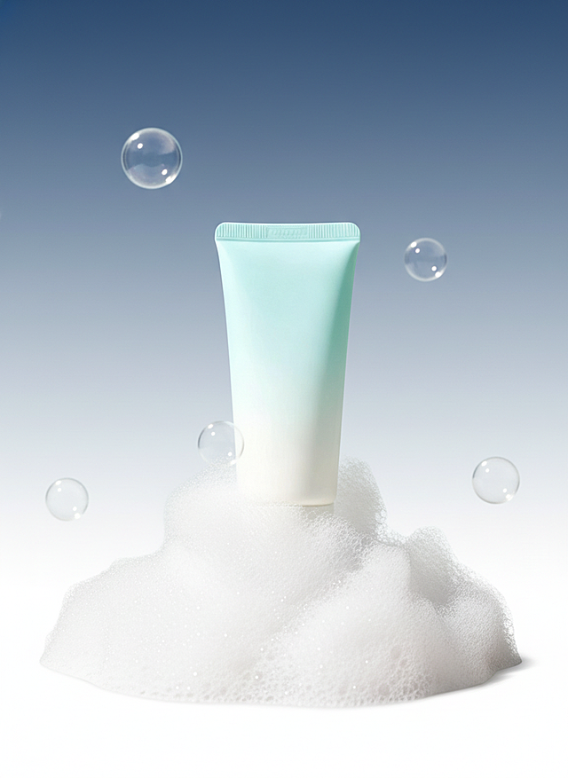 提取画面中的商品主体，制作简洁氛围感商品展示图，商品悬空，产品下面有洗浴产生的泡沫，背景为蓝色和白色的渐变