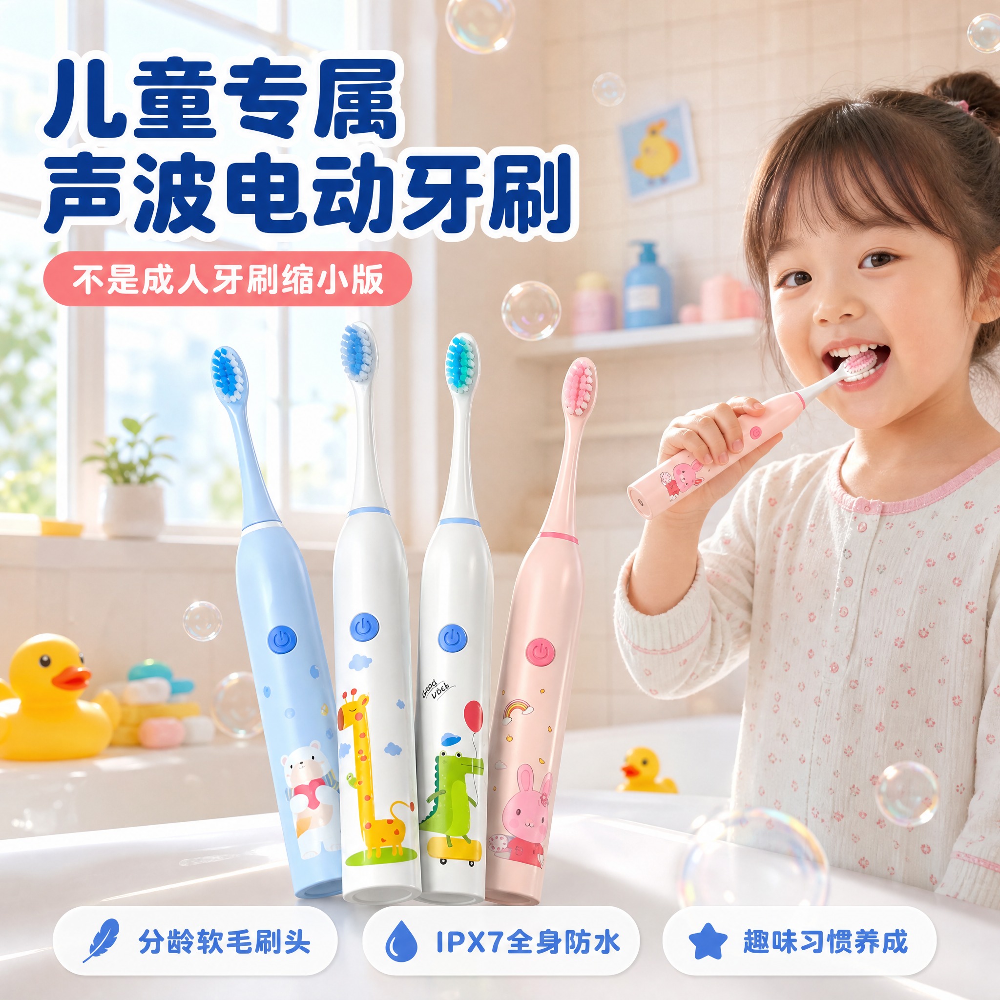 [主图-1] 儿童声波电动牙刷 首图 宝宝浴室场景英雄图 突出… - 图片创意预览