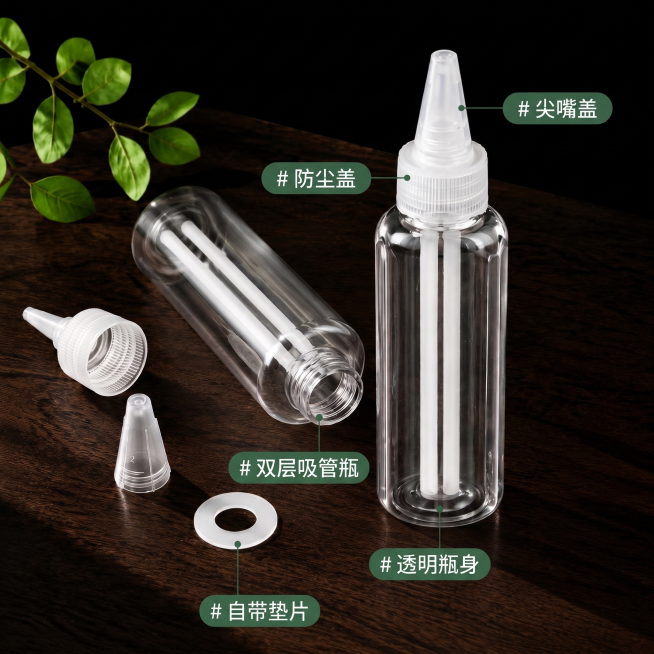 参照参考图，为这张瓶子图片加上绿色圆角框的标签文字标注，分别标注对应部件名称：#尖嘴盖、#防尘盖、#自带垫片、#透明瓶身、#双层吸管瓶，保持原图产品构图和画面不变，仅增加文字标注。预览效果
