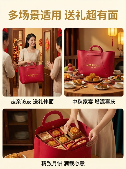 [主图 4 场景适用] 主图主题：月饼礼品袋多场景展示
氛围风格：真实生活场景，温馨喜庆
画面元素：采用宫格拼图设计，三宫格分别展示：1模特亚洲女性手提礼品袋走亲访友场景，2礼品袋放置在中秋家宴餐桌场预览效果