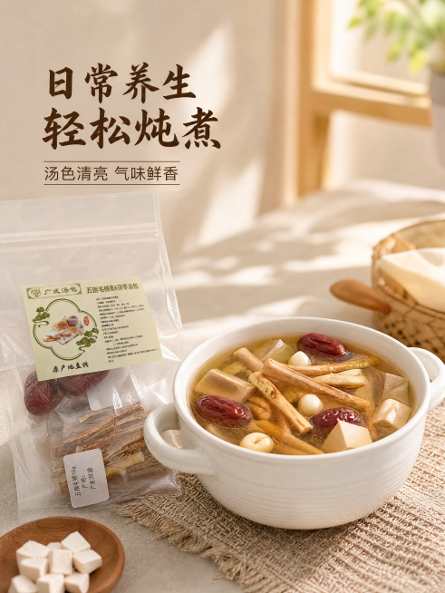 [第5屏] 炖煮好的成品汤展示，突出食用效果，增强食欲。
[氛围/风格] 温馨家常，暖调食欲感，真实自然。
[元素布局] 炖好的五指毛桃茯苓汤盛放在白色陶瓷汤碗中，汤色清亮，汤包原料可以看到在汤中，原预览效果