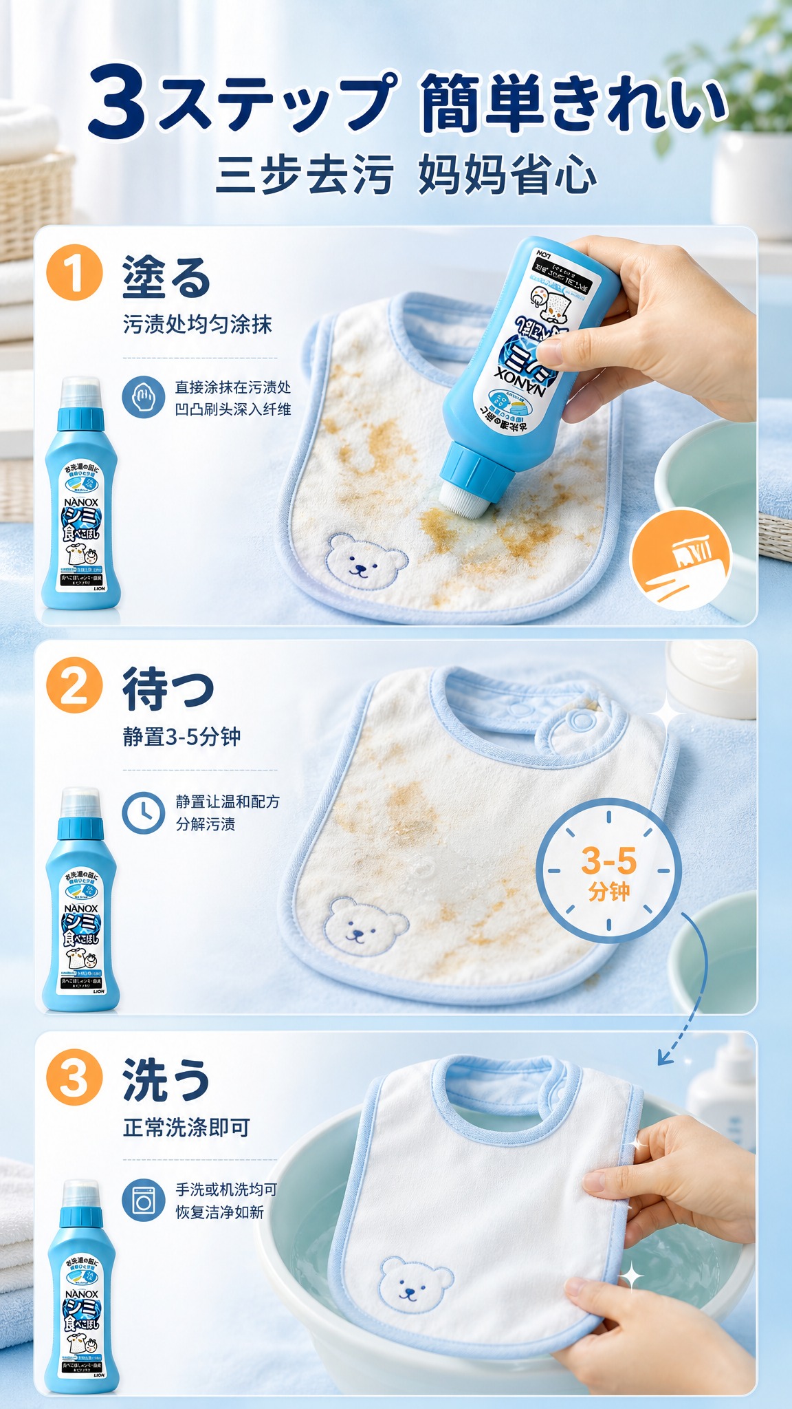 [商品] 使用【图3】浅蓝色狮王NANOX宝宝饭兜去污清洗剂；… - 图片创意预览