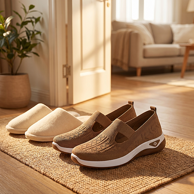 [Main Image 10] Lifestyle atmosphere picture, slip-on fly-knit casual shoes placed at the entrance of a warm home, a pair of slippers next to it, soft morning light coming through the door, comfortable home atmosphere. Show the comfortable and convenient daily wearing experience of the product. Keep the shoe shape, material, color consistent with the input product. Warm and healing style, soft light. 1:1 ratio, 2K resolution. No Chinese text. Negative prompt: deformation, watermark, text clutter, blurry product, cluttered background, marketing promotion information.