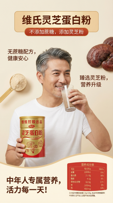 生成维氏灵芝蛋白粉电商详情页，结合用户提供的产品图，中年人展示产品并饮用蛋白粉，突出不添加蔗糖、添加灵芝粉卖点，干净简约背景，适合中老年保健产品展示预览效果