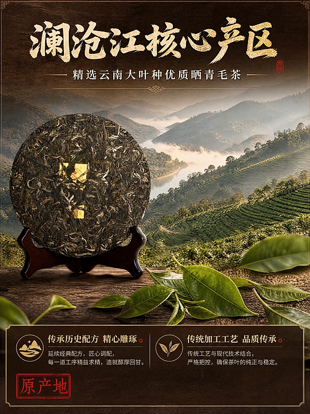 [商品] 使用【图4】茶饼干茶背面图；保留茶饼圆形、干茶条索紧结形态、墨绿银毫色泽、内飞标识；茶饼置于深色木架上，保持真实干茶纹理和比例。
[画面] 产地溯源页，目标展示澜沧江核心产区与大叶种晒青毛茶原料。产地叙事型构图，左侧茶饼干茶特写占画面约40%，右侧背景是云南澜沧江流域茶山茶园实景，层层叠叠的茶树梯田、云雾缭绕、远山如黛。产地场景占画面约50%，大尺度展示茶园环境。上方留白放标题文字。画面底部散落几片大叶种茶叶特写，增强原料真实感。
[视觉] 套系策略：风格=国风雅致专业茶品商业摄影；标题字=粗宋书法体 厚重有飞白；正文字=细黑体 端正清晰；主色=深棕木色+暖金；背景延展=基于深棕木色做深浅层级、暖光晕染、木纹/宣纸质感；强调色=朱红色 仅用于印章、引线端点、小标签；标题色=暖金色；正文色=米白色；组件=细金线描边、朱红圆形印章、极简信息卡；光影=自然柔光 山间晨雾漫射感 通透自然。
[文字] 画面上方主标题大字"澜沧江核心产区"，副标题"精选云南大叶种优质晒青毛茶"。下方左右分两栏文字：左栏"传承历史配方 精心雕琢"，右栏"传统加工工艺 品质传承"。左下角朱红印章"原产地"。文字全部横排，字号层级分明，手机端可读。
[规格] 图片比例3:4竖版，4K，避免变形、错字、文字过小、冷蓝背景、干茶颜色失真、茶园素材通用化。