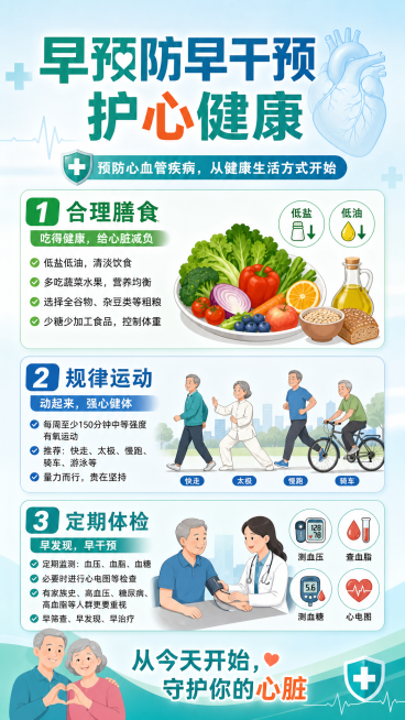 健康科普海报，围绕心血管疾病预防主题，主标题文字"早预防早干预 护心健康"，内容包含三项预防措施：合理膳食、规律运动、定期体检，底部呼吁标语文字"从今天开始，守护你的心脏"，采用蓝绿色健康主色调，版式预览效果
