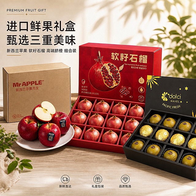 在图一画面的右侧添加一个图二的黑色dolci脐橙礼盒装（打开的黑色礼盒，内有金色锡纸包装和带标签的脐橙，盒盖斜靠在后方），与左侧的苹果、石榴礼盒组合摆放，形成三重美味礼盒的组合效果。保持原图的光影方向、桌面质感、背景绿植氛围和整体商品摄影风格，透视角度协调自然，左上角文字和底部图标保留不变