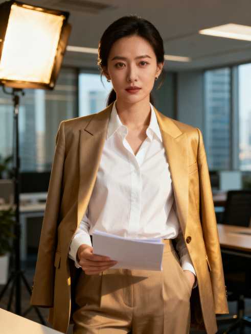 职场中的亦舒女郎时尚写真，独立干练优雅的女性，身穿干净挺括的白衬衫搭配卡其裤，剪裁精良的西装外套，现代都市职场办公室背景，智性优雅氛围，专业质感时尚大片，光影柔和高级预览效果