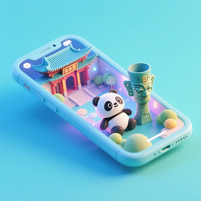 一个手机创意微缩场景，手机平放，侧面对着观众，手机俯视角度，立体的成都景观从屏幕内出来，有熊猫，三星堆，武侯祠，整体色调立体魔幻。青色背景。具有梦幻感,打光营造出柔和氛围强调梦幻和未来感的美学。