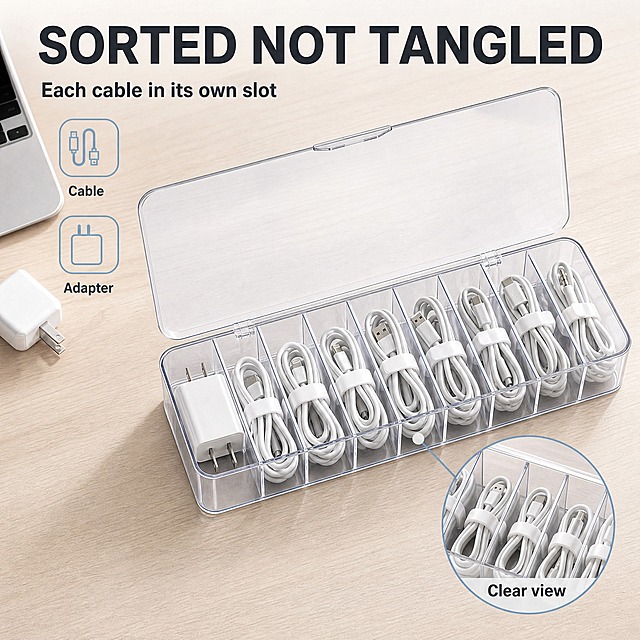 [主图-2] Cable Management Box with 10 Reusable Cable Ties + 主题：多格分隔结构与分类容量，唯一任务是证明每根线各占一格、不再缠绕，且透明可视一眼拿到。
[统一基调] 整套统一视觉：干净明亮的现代桌面整理风格；背景主色为冷灰白、浅木色与白色，统一在同一冷灰白色系内变化；主标题使用深炭灰 #23262B 的粗体无衬线字体，压深色区域时用白色；辅助说明文字与主标题同一无衬线字体、字号约为主标题的 40%；强调色清透蓝灰 #7BA7C7 仅用于线性图标、标签描边与箭头；信息组件统一为浅色半透明圆角卡片配细线线性图标，不使用厚重色块、通栏与装饰边框。
[画面] 浅木色办公桌面，机位俯视略偏 45°，透明线缆收纳盒盖面完全打开、盒体占画面约 70%；盒内每一格独立盘绕一根线缆（Type-C 线、Lightning 线、USB-A 线、电源适配器、耳机线），每根线团用白色可重复使用扎带固定，线圈大小一致、走向统一、格子之间不串线；右侧叠加一个局部放大圆窗，透过透明盒壁展示内部线圈与隔板厚壁边缘；左上与上方留白放标题；桌面左上角出现笔记本边缘与白色充电头作真实环境提示，不遮挡主体。产品外观、隔板结构、盖体与输入图完全一致。
[光影质感] 桌面自然侧光，木质纹理柔和虚化，透明壳体有通透高光与浅灰内影，盒底与桌面接触处有真实接触阴影，盒体不悬浮、不倾斜失真。
[配色] 沿用整套冷灰白 + 浅木 + 清透蓝灰强调色，不引入其他色系。
[文字版式] 主标题 "SORTED NOT TANGLED" 深炭灰粗体横排置于上方留白；辅助文案 "Each cable in its own slot" 小号同字体横排；局部放大圆窗内左下标注 "Clear view"；两个线性图标标签分别写 "Cable" 与 "Adapter"。文案无逗号、不遮挡主体。
[输出要求] 1:1 正方形，文字清晰可读；负向：变形、错字、模糊、杂乱、水印、平台 Logo、中文文字。