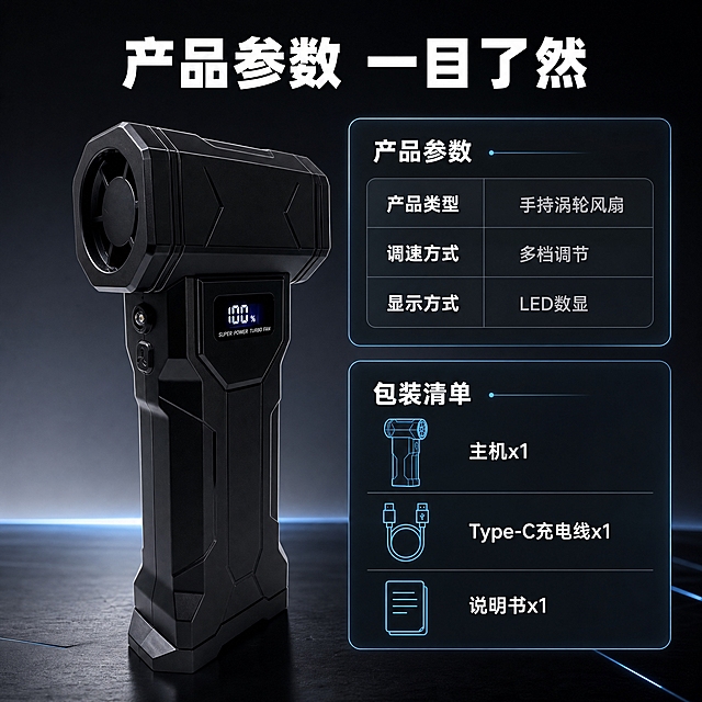 [主图-5] 购买决策规格图，展示手持涡轮暴力风扇的产品参数与包装清单。
[统一基调] 科技感冷灰黑调，专业品质电商风格，背景为深灰到黑色的渐变，搭配微弱科技蓝光效点缀；主标题字体为粗体无衬线黑体，字色为白色高亮；辅助文字为浅灰色；强调色为冰蓝色；卡片与图标采用圆角矩形、细描边样式。
[画面] 左侧为产品完整展示，占画面约45%，正面角度放置在深灰台面上，底部有接触阴影；右侧为规格参数与包装清单信息区，分为上下两部分：上半部分为参数表，用圆角矩形细边框卡片呈现，内含三行参数："产品类型 手持涡轮风扇""调速方式 多档调节""显示方式 LED数显"；下半部分为包装清单，用图标+文字形式列出主件与配件，包含风扇主机图标与"主机x1"、充电线图标与"Type-C充电线x1"、说明书图标与"说明书x1"。
[光影质感] 商业摄影质感，产品光影真实，参数卡片有轻微发光边缘，图标为冰蓝色线条风格，整体清晰专业。
[配色] 深灰黑背景，产品黑色，冰蓝色图标与分隔线，白色标题与参数名称，浅灰参数值。
[文字版式] 顶部标题"产品参数 一目了然"白色粗体居中；右侧参数表内左列参数名白色粗体，右列参数值浅灰；包装清单区每项图标+文字横向排列，文字白色；整体排版整齐易读。
[输出要求] 1:1正方形比例，文字清晰可读，产品清晰不变形，无错字，无水印，无平台Logo，无杂乱元素。