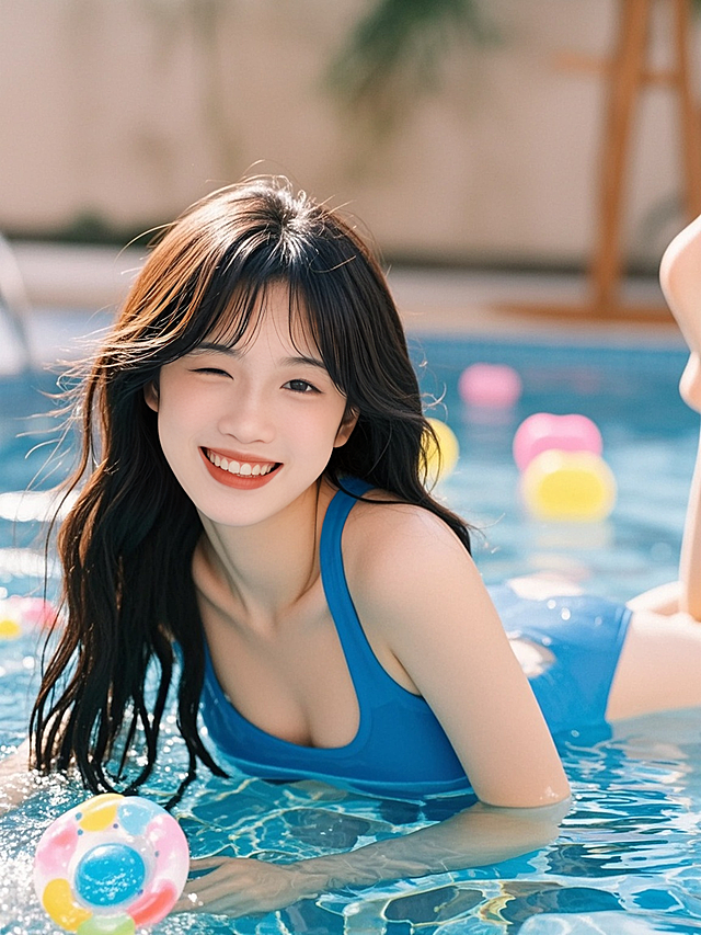 清新甜美泳池实景，轻拟物风色彩点缀，夏日欢乐氛围。