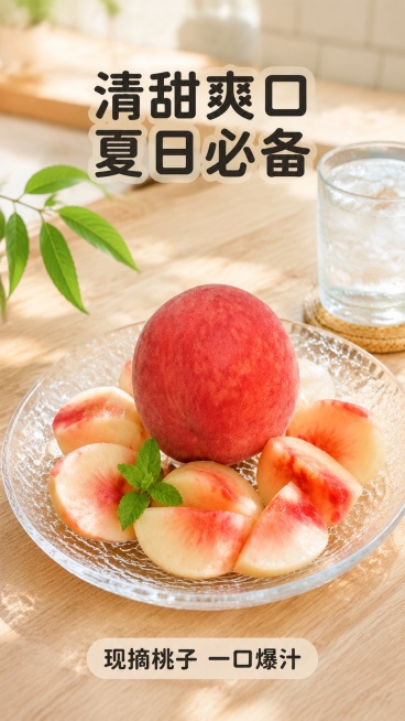 [第5屏] 日常食用场景种草，展示装盘即食的场景。本屏使用【图1】作为主体，展示切好桃子装盘。
[氛围/风格] 简约生活风，自然温馨，真实居家场景，朴素治愈。
[元素布局] 玻璃盘放在木质餐桌上，盘内预览效果